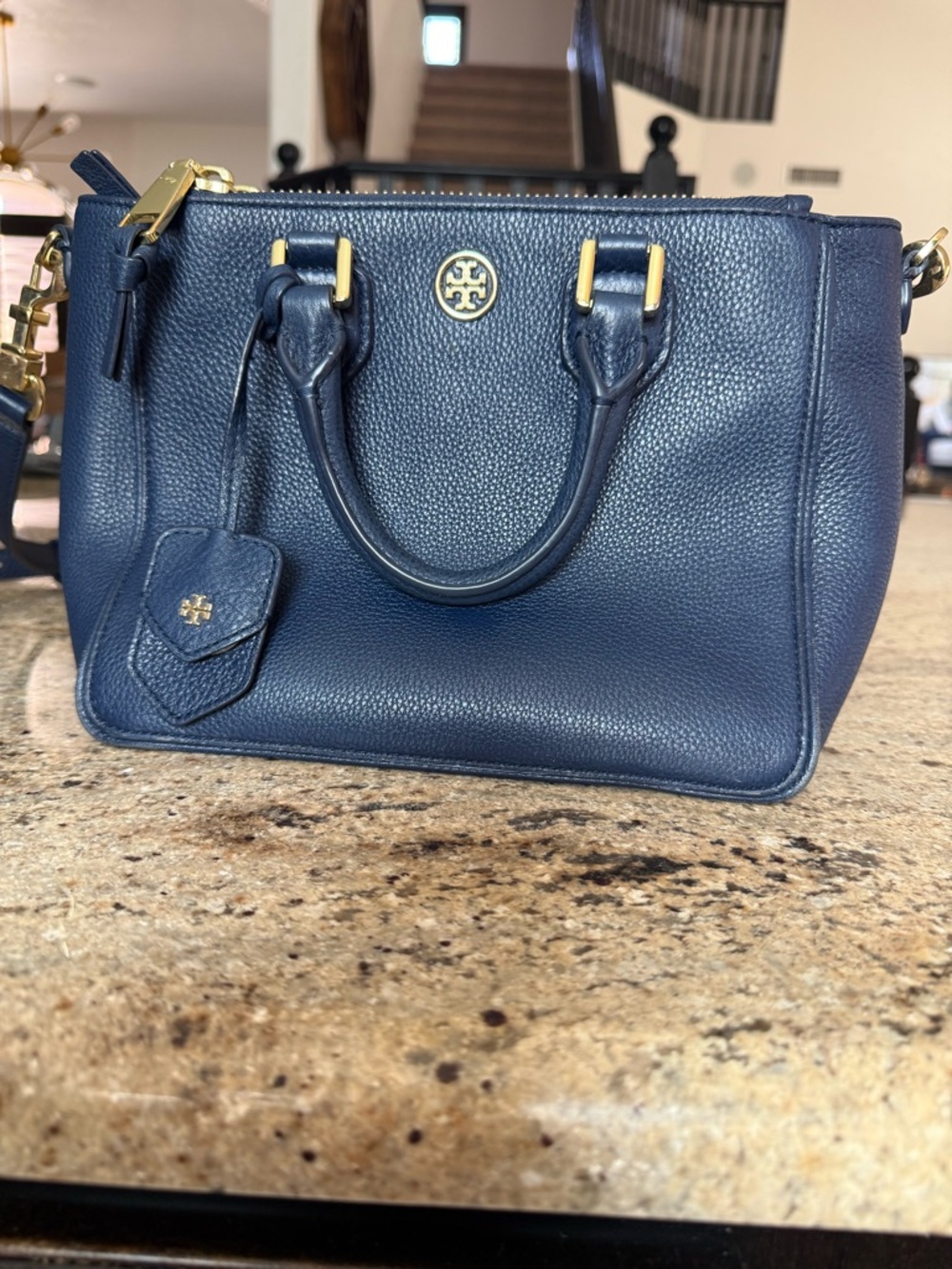 Tory Burch Blue Pebbled Leather Satchel with Strap and Gold Hardware